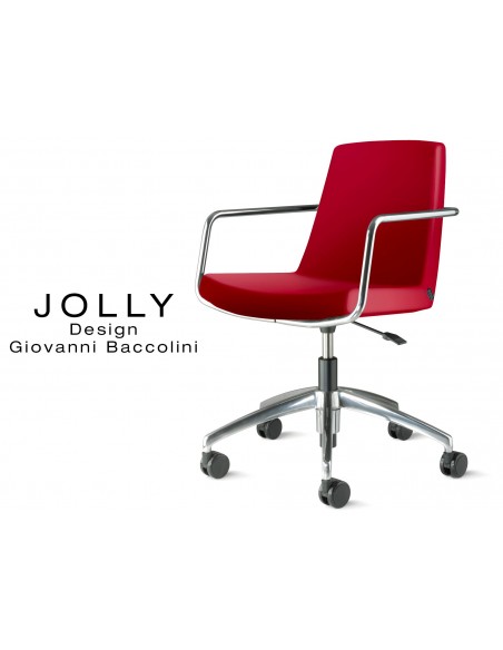 Fauteuil JOLLY roulette base aluminium et habillage éco-cuir 665 rouge.