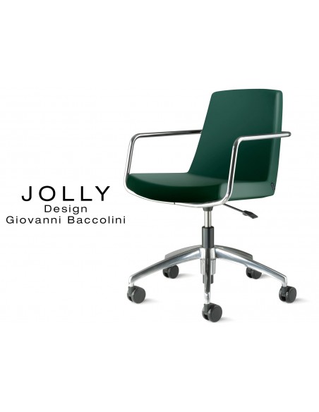 Fauteuil JOLLY roulette base aluminium et habillage éco-cuir 666 vert sapin.