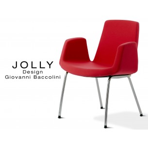 Fauteuil JOLLY-4 piétement acier chromé, habillage tissu Trevi-U 556 rouge.