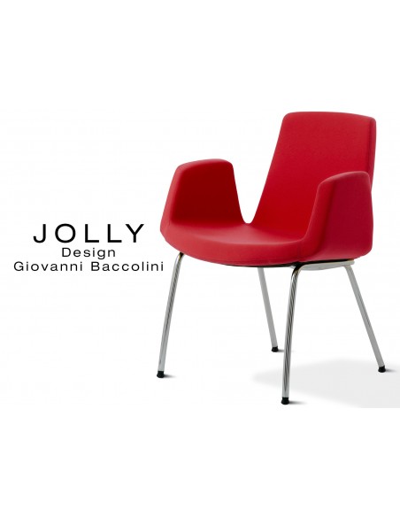 Fauteuil JOLLY-4 piétement acier chromé, habillage tissu Trevi-U 556 rouge.