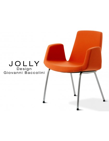 Fauteuil JOLLY-4 piétement acier chromé, habillage tissu Trevi-U 551 orange.