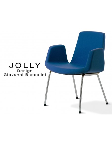 Fauteuil JOLLY-4 piétement acier chromé, habillage tissu Trevi-U 558 bleu nuit.