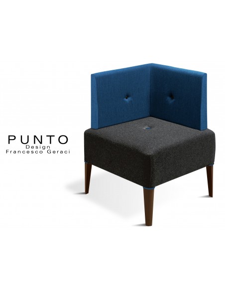 PUNTO 228 - Module banquette ou fauteuil d'angle, piétement Wengé, assise noir, dossier-fantaisie piétement bleu