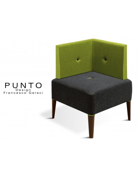 PUNTO 228 - Module banquette ou fauteuil d'angle, piétement Wengé, assise noir, dossier-fantaisie piétement vert