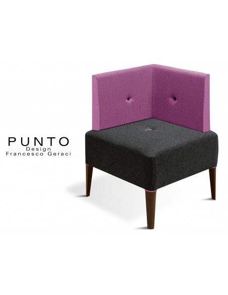 PUNTO 228 - Module banquette ou fauteuil d'angle, piétement Wengé, assise noir, dossier-fantaisie piétement violet