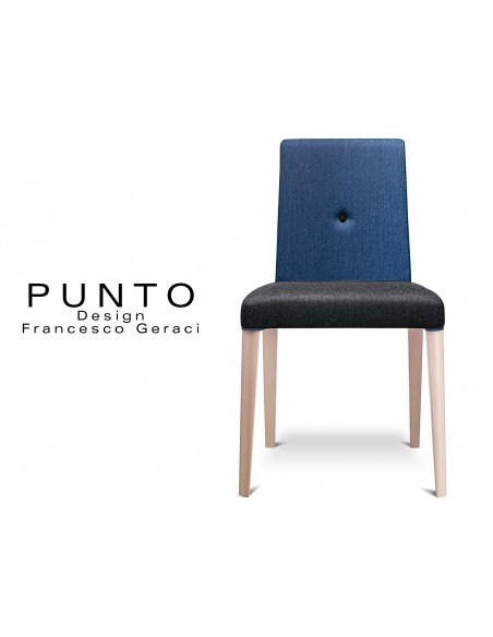 PUNTO 164 - Chaise en bois massif teinté Érable, assise noire, dossier bleu, revêtement tissu laine.