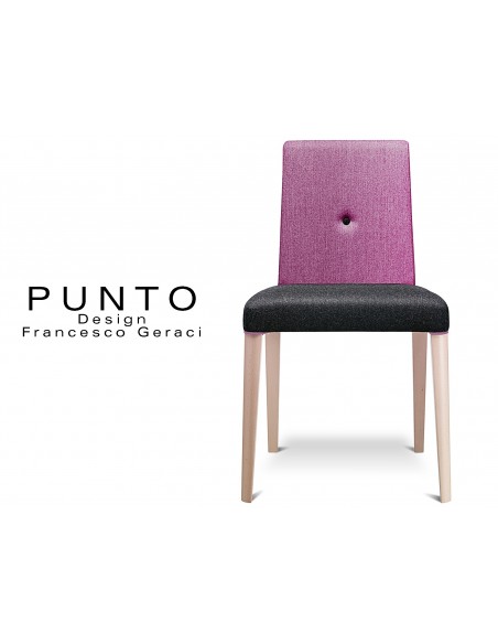 PUNTO 190 - Chaise en bois, teinté Érable, revêtement 2 tons laine, assise noir, dossier violet clair.
