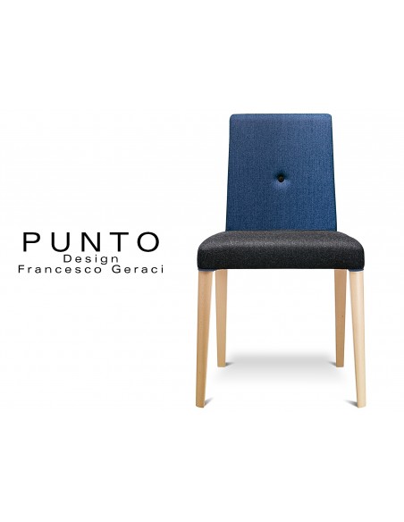 PUNTO 190 - Chaise en bois, teinté Hêtre naturel, revêtement 2 tons laine, assise noir, dossier bleu.