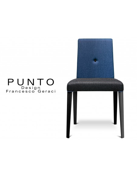PUNTO 190 - Chaise en bois, teinté Hêtre naturel, revêtement 2 tons laine, assise noir, dossier bleu.