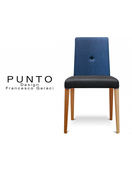 PUNTO 190 - Chaise en bois, teinté Noyer clair, revêtement 2 tons laine, assise noir, dossier bleu