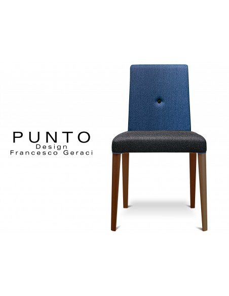 PUNTO 190 - Chaise en bois, teinté Wengé, revêtement 2 tons laine, assise noir, dossier bleu.