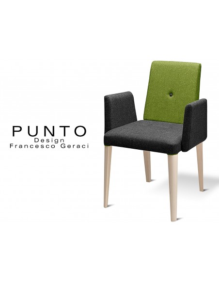 PUNTO 191 - Fauteuil en bois, teinté Érable, revêtement 2 tons laine, assise noir dossier vert.