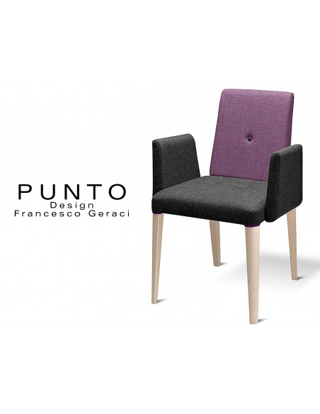 PUNTO 191 - Fauteuil en bois, teinté Érable, revêtement 2 tons laine, assise noir dossier violet.