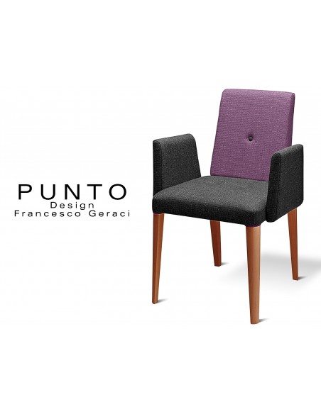 PUNTO 191 - Fauteuil en bois, teinté Noyer clair, revêtement 2 tons laine, assise noir dossier violet.