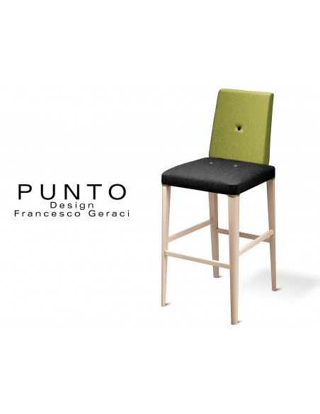 PUNTO 390 - Tabouret en bois massif finition Érable, revêtement 2 tons laine, assise noir, dossier vert.