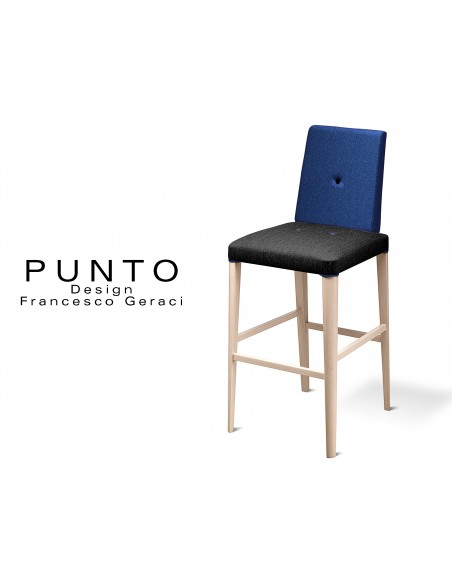 PUNTO 390 - Tabouret en bois massif finition Érable, revêtement 2 tons laine, assise noir, dossier bleu.