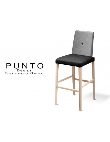 PUNTO 390 - Tabouret en bois massif finition Érable, revêtement 2 tons laine, assise noir, dossier gris.