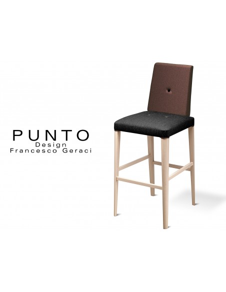 PUNTO 390 - Tabouret en bois massif finition Érable, revêtement 2 tons laine, assise noir, dossier marron.