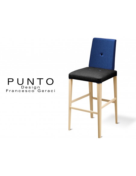 PUNTO 390 - Tabouret en bois massif finition Hêtre naturel, revêtement 2 tons laine, assise noir, dossier bleu.