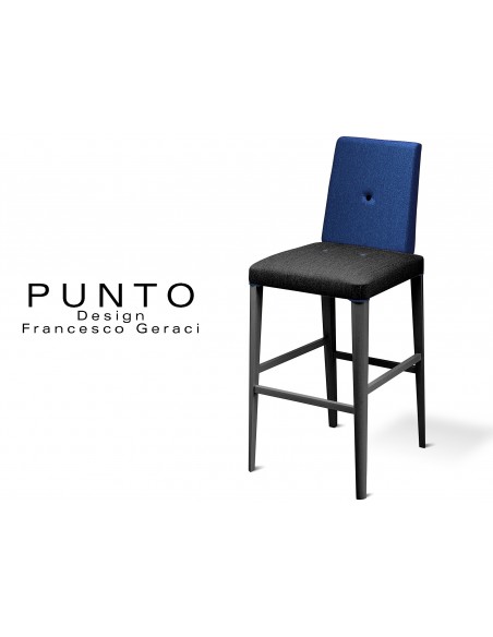 PUNTO 390 - Tabouret en bois massif finition teinté noir, revêtement 2 tons laine, assise noir, dossier bleu.