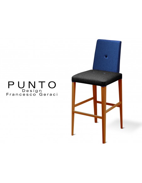 PUNTO 390 - Tabouret en bois massif finition teinté noyer clair, revêtement 2 tons laine, assise noir, dossier bleu.