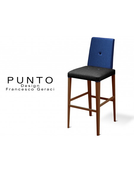 PUNTO 390 - Tabouret en bois massif finition teinté Wengé, revêtement 2 tons laine, assise noir, dossier bleu.