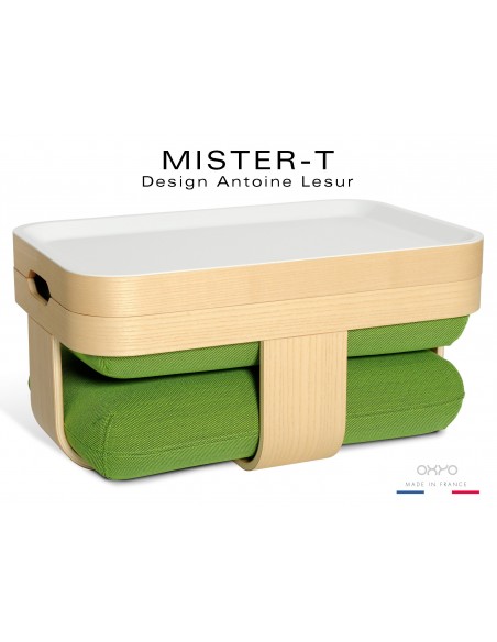 MISTER-T tabouret, table d'appoint, repose-pieds, plateau. Tissu Steelcut de chez KVADRAT de couleur verte.