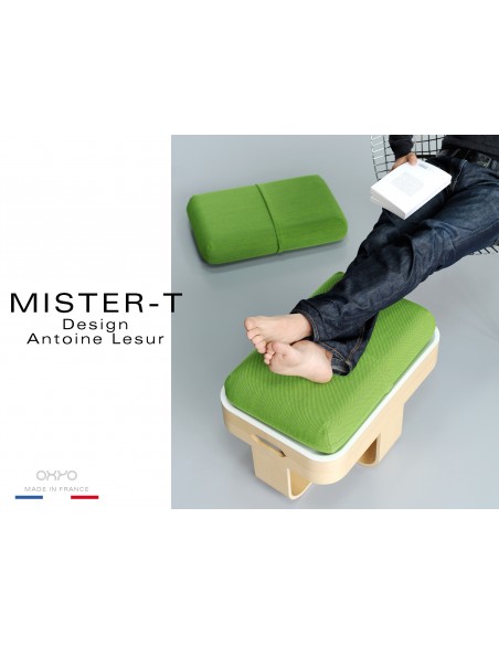 MISTER-T tabouret, table d'appoint, repose-pieds, plateau. Tissu Steelcut de chez KVADRAT de couleur verte.