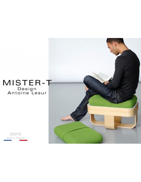 MISTER-T tabouret, table d'appoint, repose-pieds, plateau. Tissu Steelcut de chez KVADRAT de couleur verte.