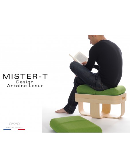 MISTER-T tabouret, table d'appoint, repose-pieds, plateau. Tissu Steelcut de chez KVADRAT de couleur verte.