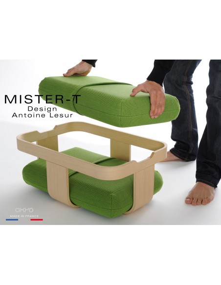 MISTER-T tabouret, table d'appoint, repose-pieds, plateau. Tissu Steelcut de chez KVADRAT de couleur verte.