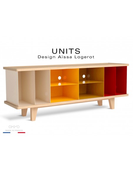 UNITS est commode, couleurs compartiments : rouge, orange, beige clair, vert kaki.