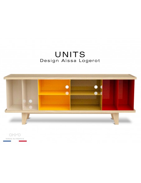 UNITS est commode, couleurs compartiments : rouge, orange, beige clair, vert kaki.