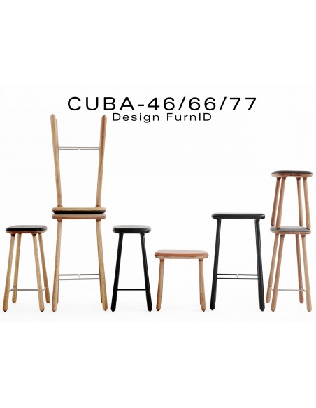CUBA tabouret en bois Chêne massif assise tissu trois hauteur possible 46, 66 et 77 cm.