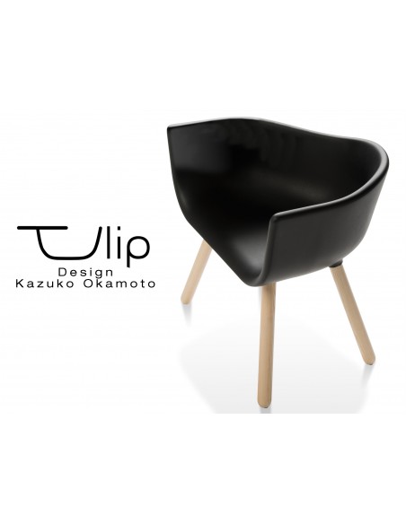 TULIPE LARGE chaise design coque piétement bois, assise couleur noire.