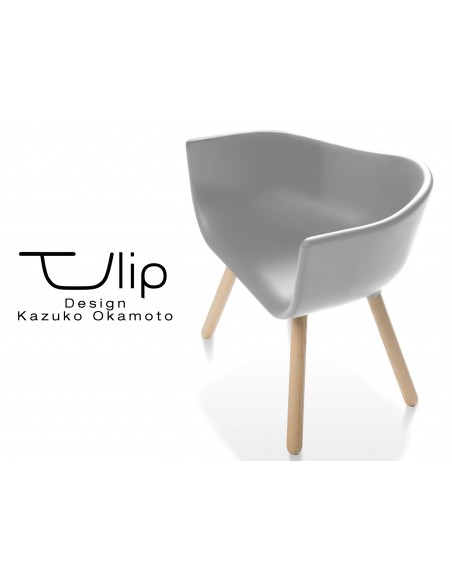 TULIPE LARGE chaise design coque piétement bois, assise couleur grise.