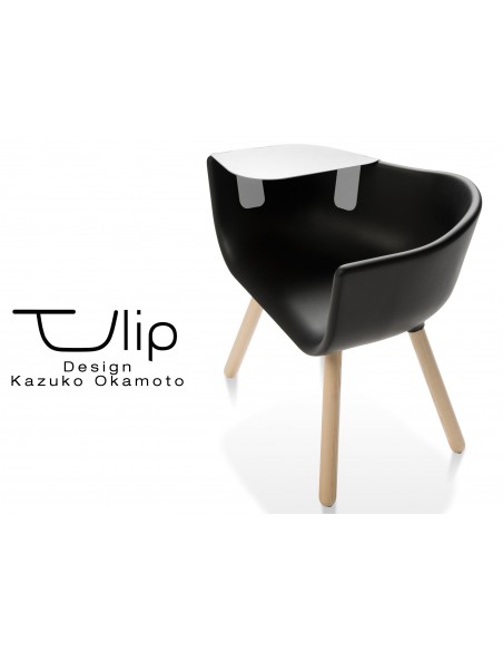 TULIPE LARGE chaise design coque piétement bois, assise couleur noire, avec table blanche.