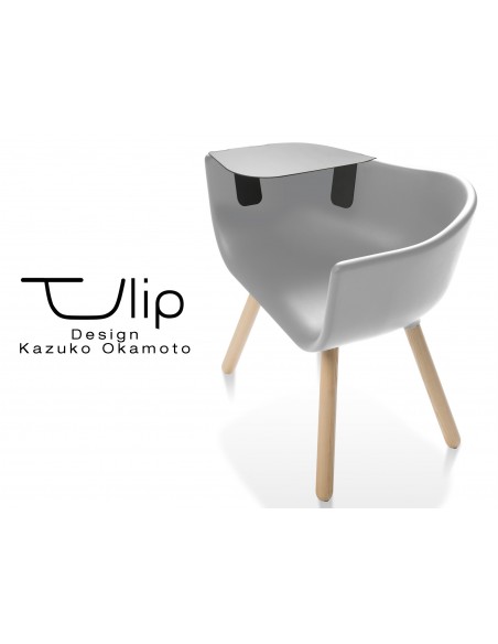TULIPE LARGE chaise design coque piétement bois, assise couleur grise, avec tablette noire.