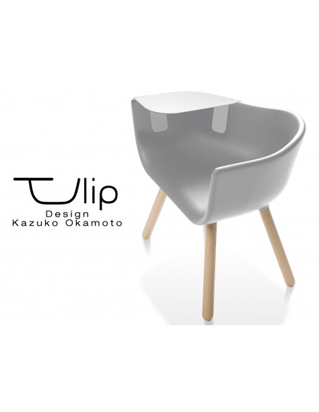 TULIPE LARGE chaise design coque piétement bois, assise couleur grise, avec tablette blanche.