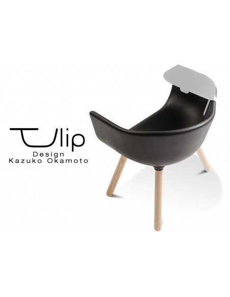 TULIPE LARGE chaise design coque piétement bois, assise couleur noire, avec tablette noire.