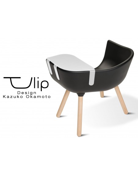 TULIPE LARGE chaise design coque piétement bois, assise couleur noire, avec tablette blanche.