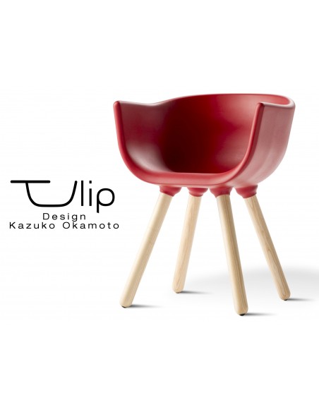 TULIPE SMALL chaise design coque couleur rouge, effet touché "Peached" piétement bois