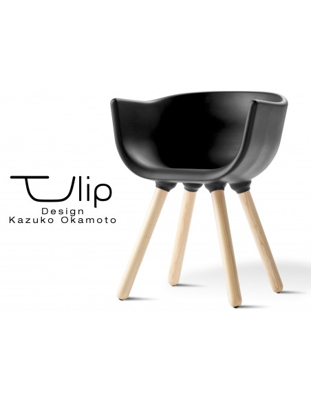 TULIPE SMALL chaise design coque couleur noire, effet touché "Peached" piétement bois