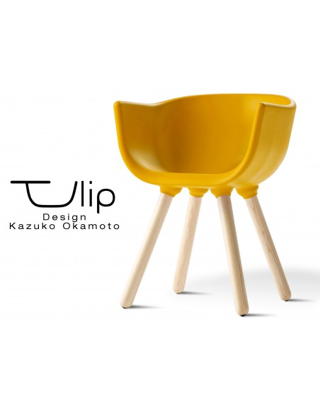 TULIPE SMALL chaise design coque couleur jaune, effet touché "Peached" piétement bois