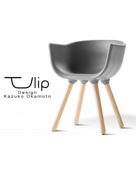 TULIPE SMALL chaise design coque couleur grise, effet touché "Peached" piétement bois