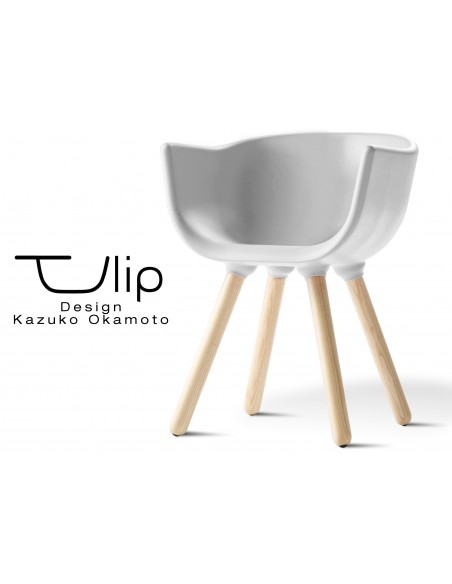 TULIPE SMALL chaise design coque couleur blanche, effet touché "Peached" piétement bois