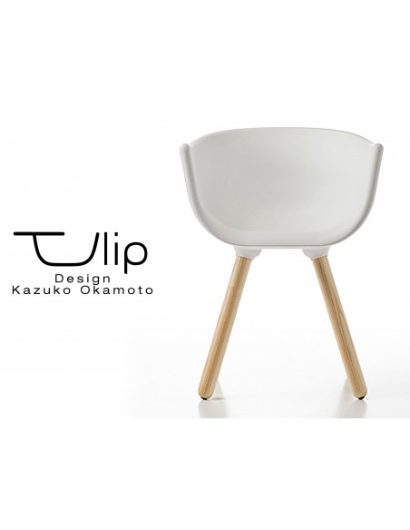 TULIPE SMALL chaise design coque couleur blanche, effet touché "Peached" piétement bois