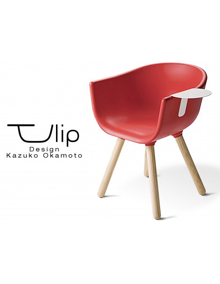 TULIPE SMALL chaise design coque couleur rouge, effet touché "Peached" piétement bois avec tablette blanche