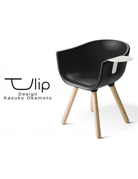 TULIPE SMALL chaise design coque couleur noire, effet touché "Peached" piétement bois avec tablette blanche