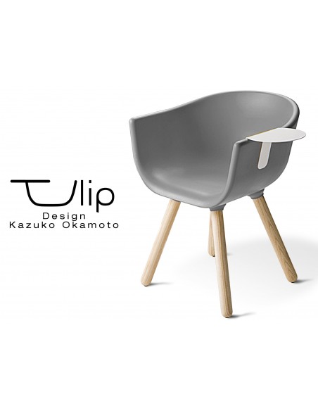 TULIPE SMALL chaise design coque couleur grise, effet touché "Peached" piétement bois avec tablette blanche